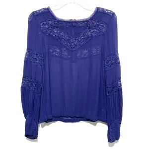 Topshop Sheer Long Sleeve Top Navy Blue Lace Round Neck Blouse Womens size 6